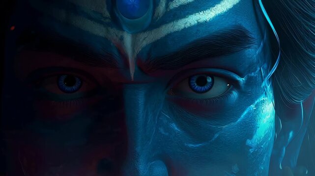 Close up of Hindu deity Lord Shiva with intense blue skin and divine eyes