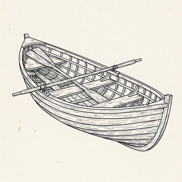Classic wooden rowboat with two oars in a line art illustration style