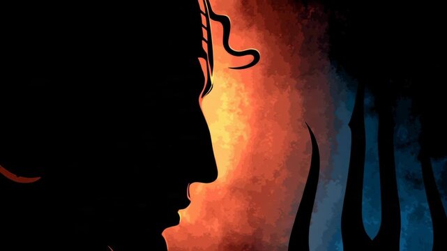 Silhouette of Lord Shiva with Trident against Abstract Fire Background