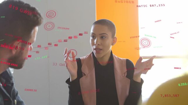 Vertical video: Woman launching discussion with raised hands, data overlays showing finance metrics