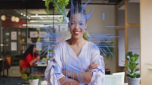 Office woman standing by glass wall, blue lines appearing then forming tech overlay showing impact