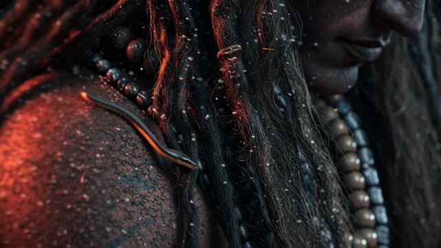 Cinematic close up of Lord Shiva with sacred ash and rudraksha beads meditating in a dark atmosphere with fire sparks.