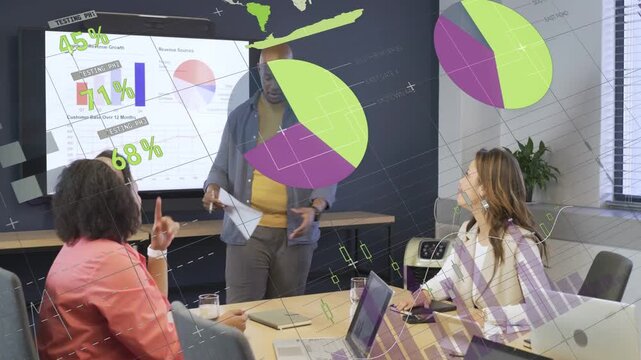 Business presenter pointing at slide, showing data as moving charts appearing over display