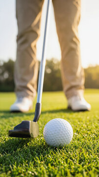 Close-up of a golf ball and putter on a vibrant green golf course during a sunny day. Focus on the immediate area, with the golfer blurred in the background.