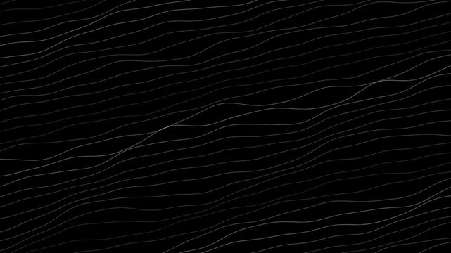Smooth, flowing abstract waves create a hypnotic and elegant pattern against a deep black backdrop. Lines gently ripple across the screen, producing a sense of calm and fluidity.