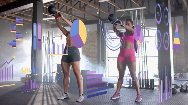 Two women doing kettlebell swings in loft gym, driving hips and activating HUD training stats