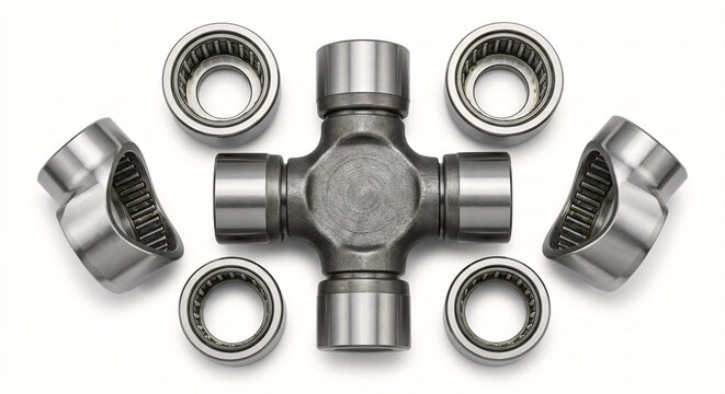 Heavy-duty universal joint with needle bearings and forged steel finish, isolated on white background.