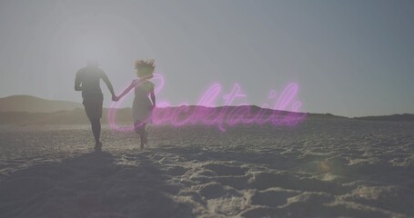Fototapeta premium Running couple holding hands dashing across beach sand, wearing dress and T-shirt, neon Cocktails