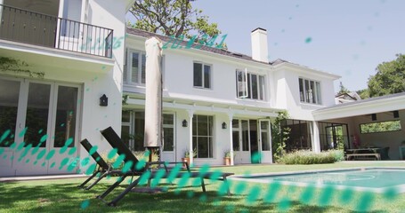 Naklejka premium Showing two-story white house and pool in backyard, featuring four black chairs and teal streaks