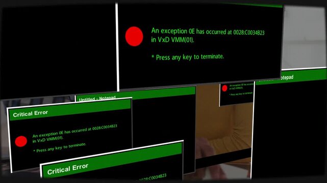 Woman and man sorting cards, error dialogs appearing, rotating and obscuring faces for tech review