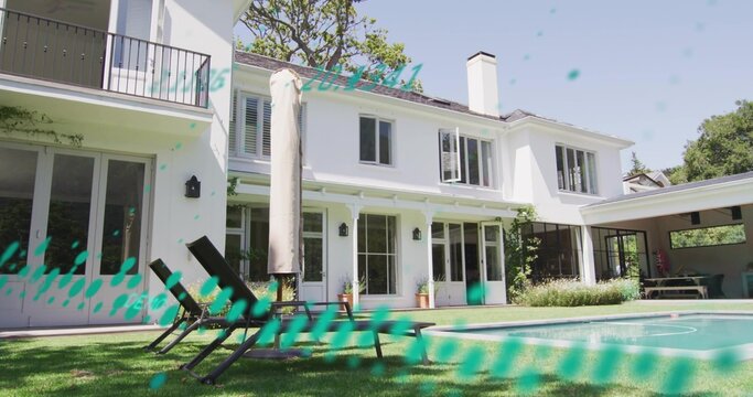 Showing two-story white house and pool in backyard, featuring four black chairs and teal streaks