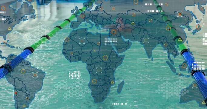 Displaying composite competition pool with lane ropes, world map overlay, hexagonal HUD markers