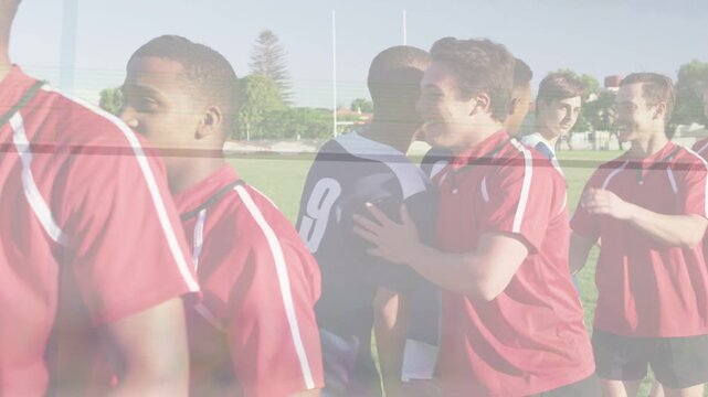 Sports postgame red team walking past blue team, shaking hands, patting shoulders, showing fairplay