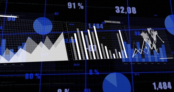 Displaying data dashboard on dark grid, showing left area chart, white bars mid, barline right map