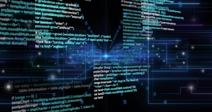 Pulsing central nexus sending converging neon-blue grid lines and code streams in cyberspace