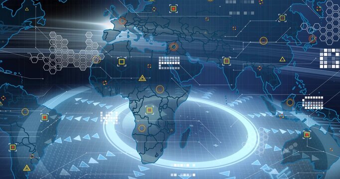 Displaying world map centering Africa, glowing radar ring, grid, data nodes in network dashboard
