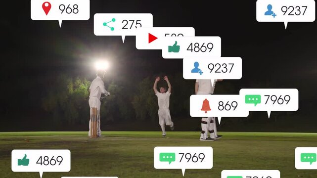 Cricketers celebrating wicket on crease after bowler delivery notifications accumulating over team