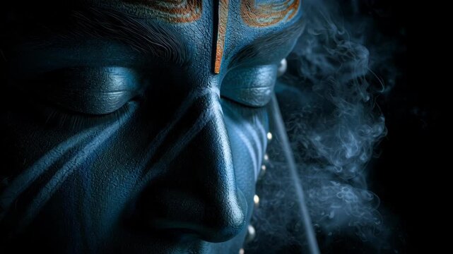 Close-up of person with blue face paint meditating in smoke for spiritual ritual