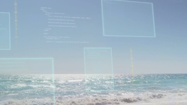 Ocean horizon showing cyan square arising, sparking drifting boxes and code, then fading for tech