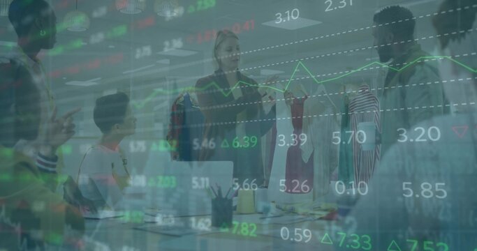 Collaborating design team wearing workwear reviewing samples in studio, with rack, market overlay