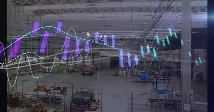 Showing warehouse interior featuring pallet stacks, shelving, carts, packing tables, data overlays