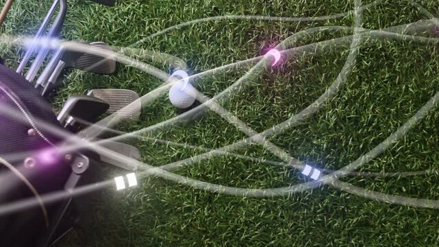 Luminous light strands sweeping turf and pulsing near golf ball, showcasing clubs for marketing