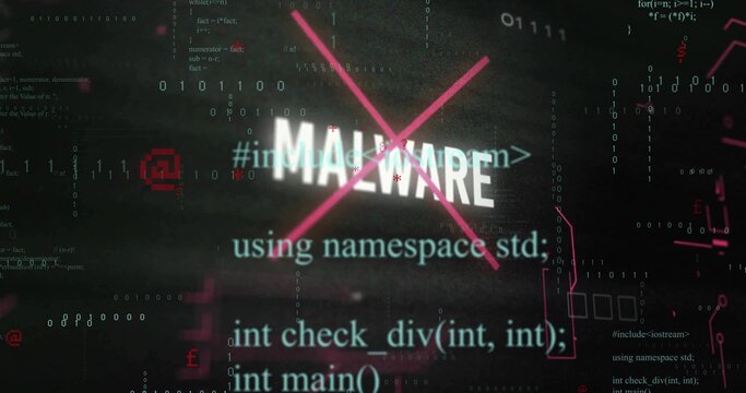 Displaying bold MALWARE text being crossed by magenta X on digital screen, with binary C++ code