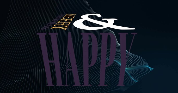 Showing large type HAPPY filling lower design on navy backdrop, with white ampersand and teal mesh