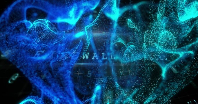 Swirling blue-cyan particle mesh ribbon streaming in dark void, showing WALL and HUD grid