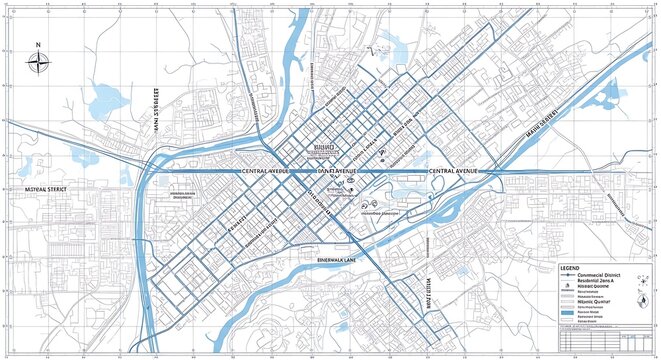 Detailed urban map of downtown area featuring streets, parks, and waterways