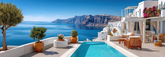 Obraz premium Luxury Santorini terrace with private pool, white buildings and panoramic caldera sea view