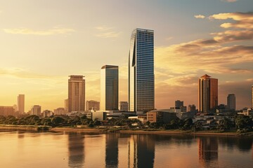 Obraz premium Riverside asian city skyscraper building architecture.