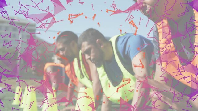 Line of men executing reach-and-check toward cones on whistle, over pink-purple overlay for safety