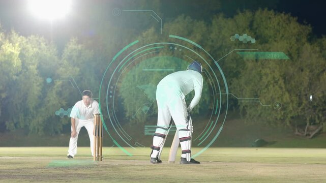 Cricket batter aiming and finishing swing as bowled ball entering from right, HUD analyzing motion