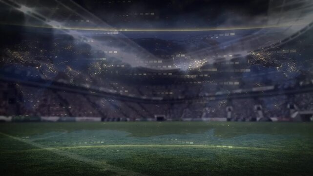 Floodlights pulsing, light bands sweeping, grass field gaining HUD glow, creating pregame mood