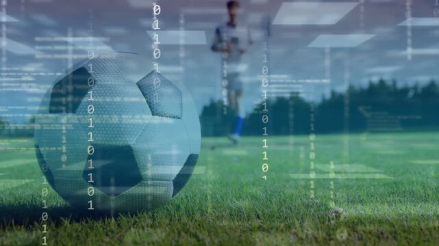Man spotting soccer ball and running to kick, sports code overlays obscuring view then receding