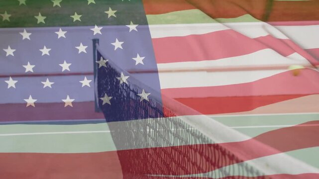 American flag rippling from wind in political footage, chain-link fence overlay shifting opacity