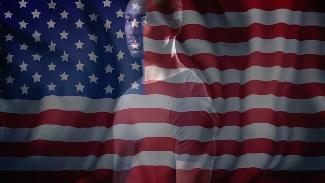 On start man turning from profile to face forward rippling flag overlay creating political portrait