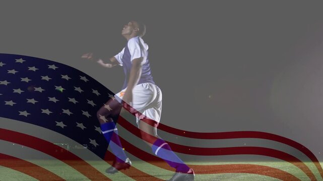 Vertical video: Soccer player trapping rolling ball, kicking, running left with flag overlay waving