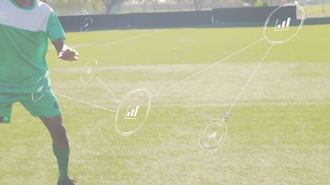 Male soccer player receiving airborne ball, juggling and controlling, HUD linking ball and player