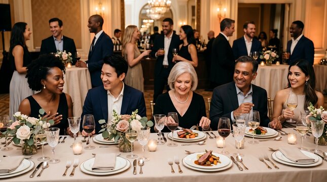 Elegant food and drink display at a wedding reception with guests sitting at a table