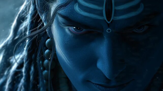 Close-up Portrait of Lord Shiva with Intense Gaze and Spiritual Symbolism