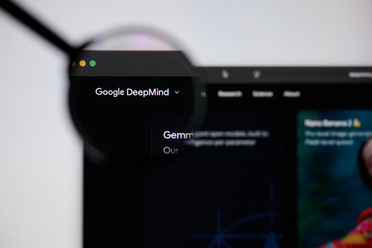Milan, Italy - 2026, 20 Apr: Google DeepMind logo displayed under a magnifying glass on laptop screen disp