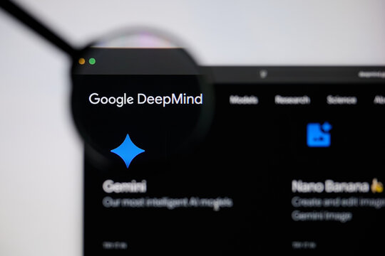Milan, Italy - 2026, 20 Apr: Google DeepMind logo displayed under a magnifying glass on laptop screen disp