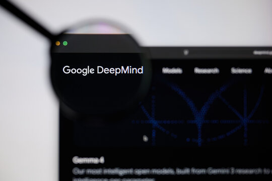 Milan, Italy - 2026, 20 Apr: Google DeepMind logo displayed under a magnifying glass on laptop screen disp