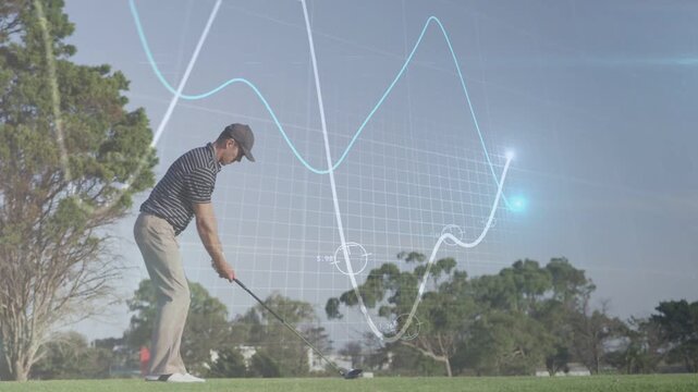 Golfer initiating backswing at tee, digital grid showing trajectory and impact data for coaching