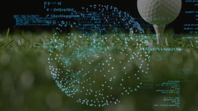Teal data sphere appearing, rotating and scrolling code while golf ball entering, visualizing data