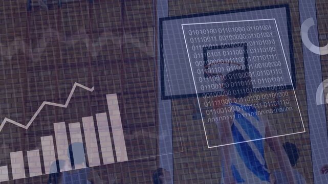 Teenage male player dribbling toward hoop, as HUD animating charts and binary for sports analytics