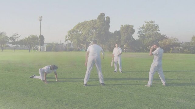 4 men forming cordon bowler bowling batsman blocking fielder diving line marking path cricket drill
