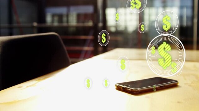 Phone appearing on wood table 3D green $ coins emerging left, scaling into overlay showing earnings